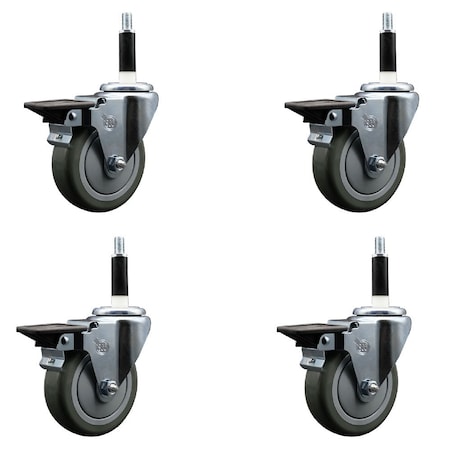 Service Caster 4'' Gray Poly Swivel 7/8'' Expanding Stem Caster Set with Brake, 4PK SCC-EX20S414-PPUB-PLB-78-4
